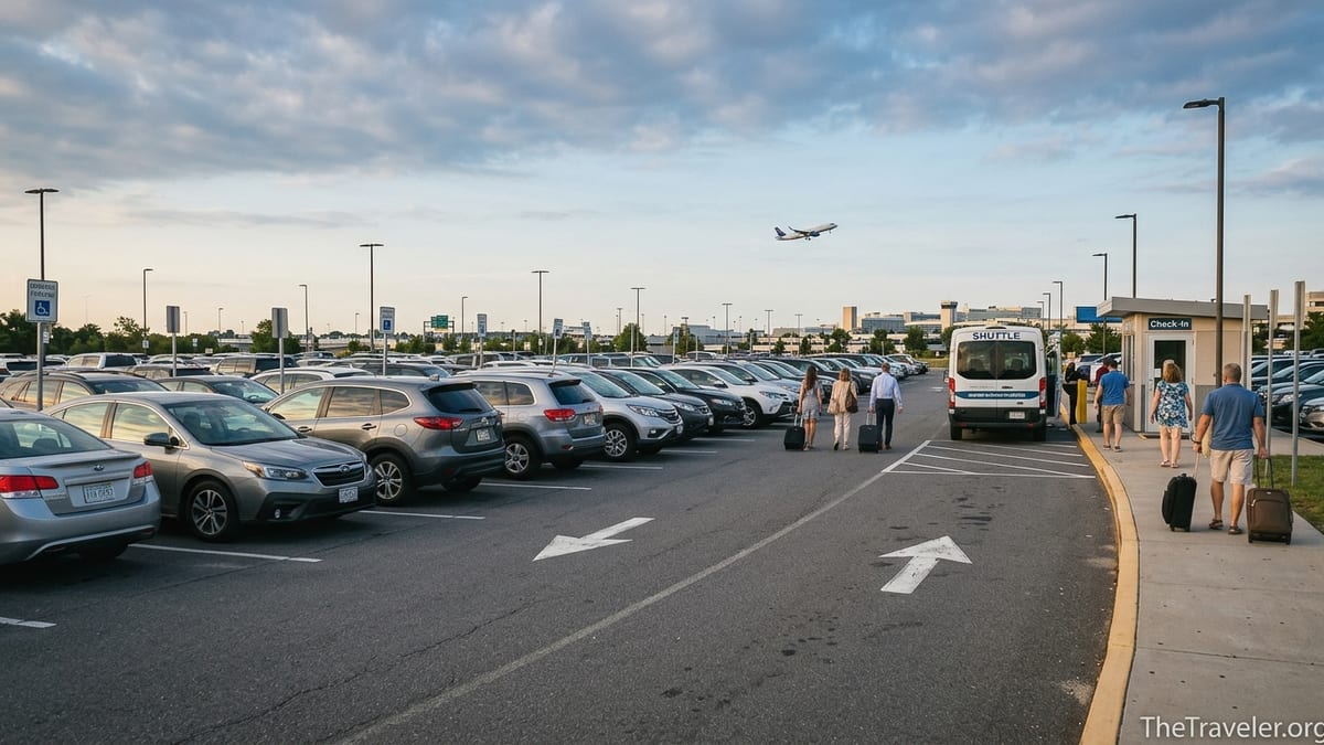 Travelers boarding a shuttle in an off-airport parking lot near a busy terminal at sunrise.
