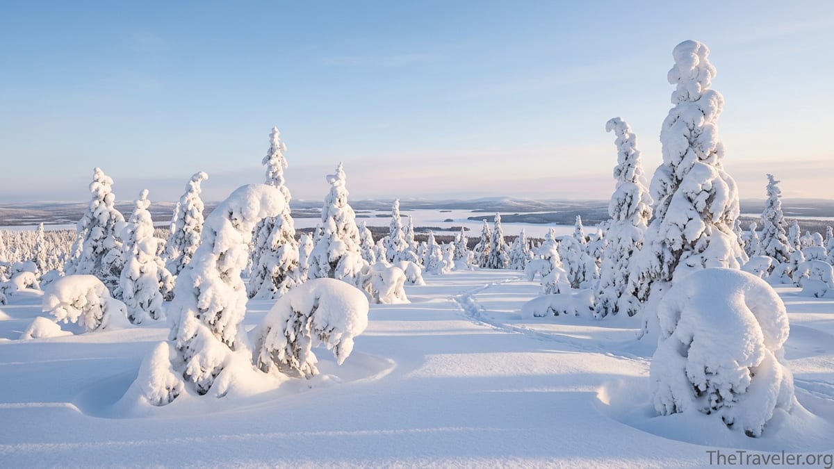 Snow laden spruce trees and distant frozen lakes in Riisitunturi National Park on a clear winter afternoon.