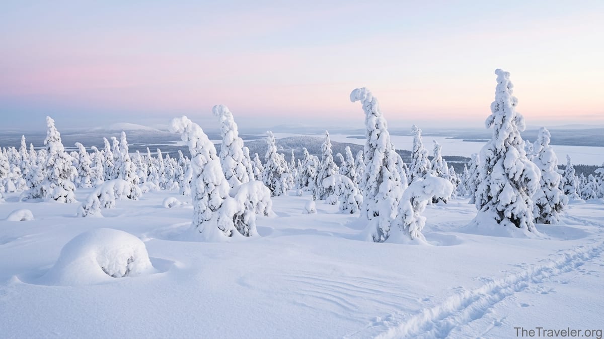 Snow-covered spruce trees and open fell landscape in Riisitunturi National Park in winter.