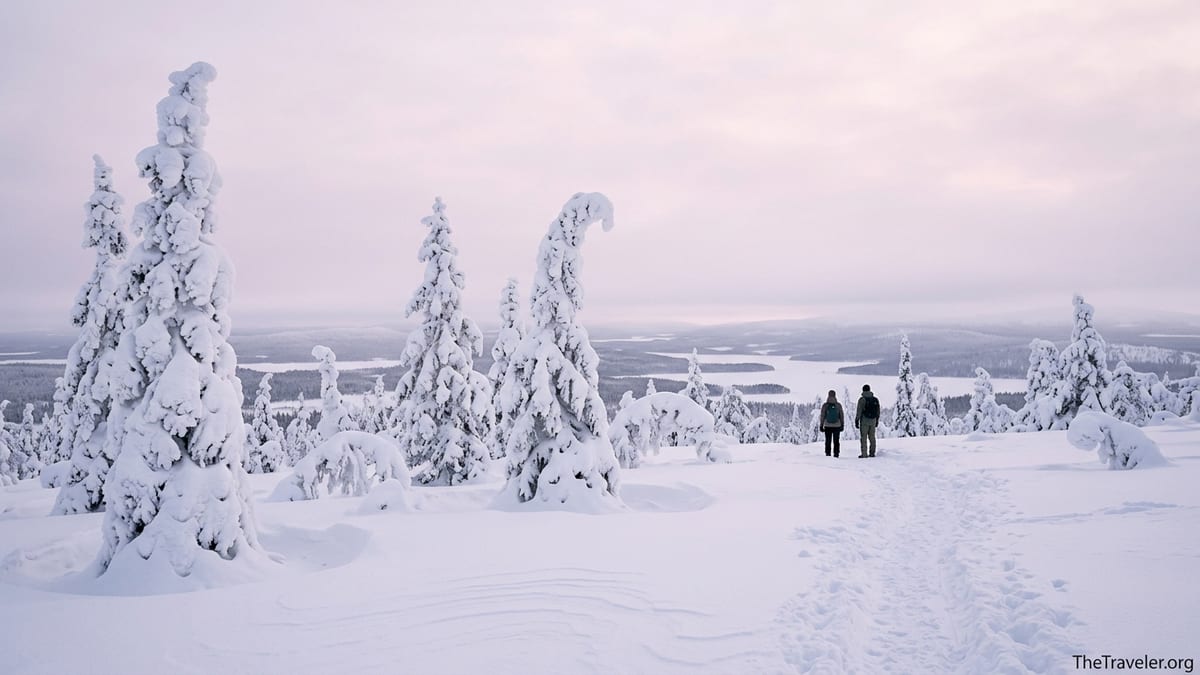Snow‑covered tykky trees and hikers on a winter trail in Riisitunturi National Park, Finnish Lapland.