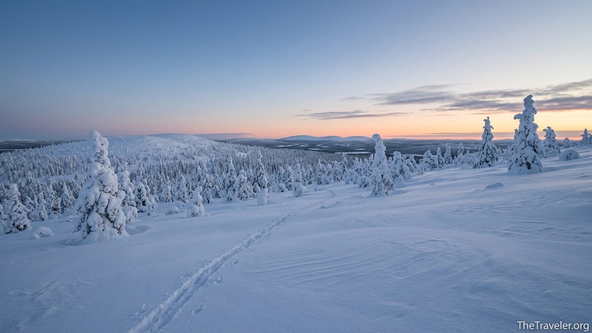 Snow-covered spruces and rolling fells in Riisitunturi National Park at blue hour in Finnish Lapland.