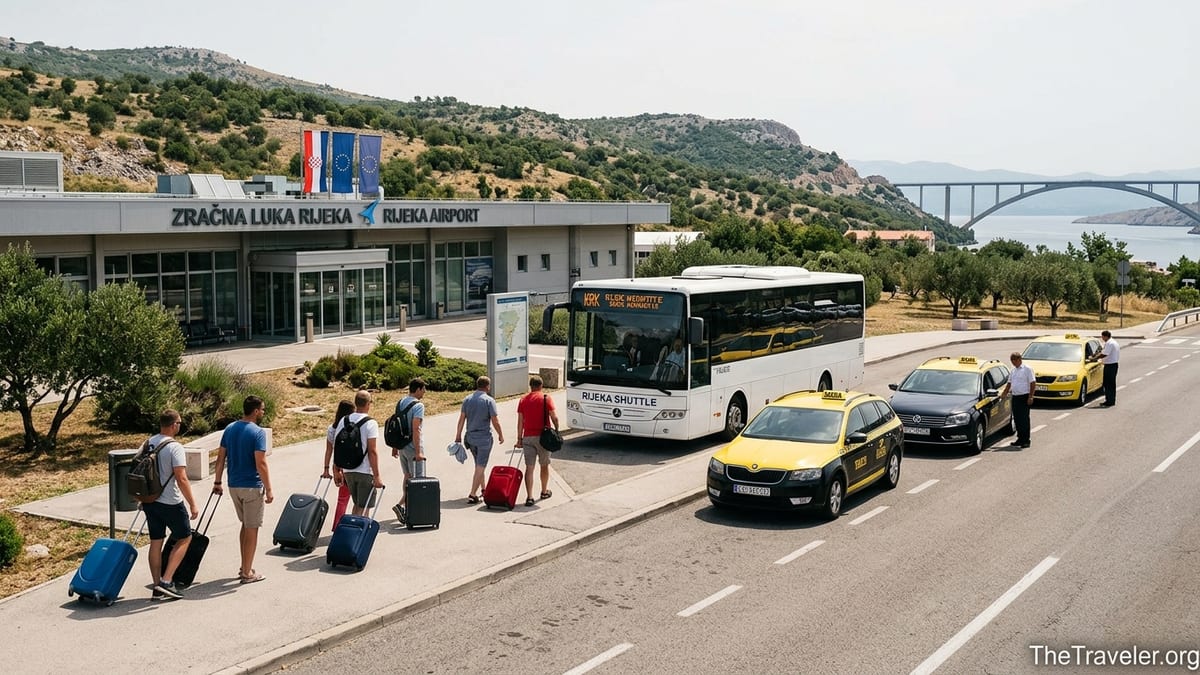Travelers outside Rijeka Airport choosing between shuttle bus and taxis on Krk Island.