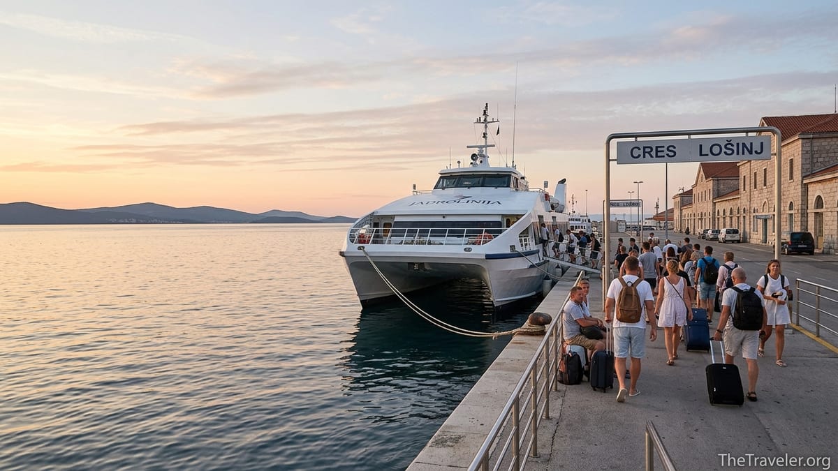 Catamaran boarding passengers in Rijeka port at sunrise with Cres island in the distance.