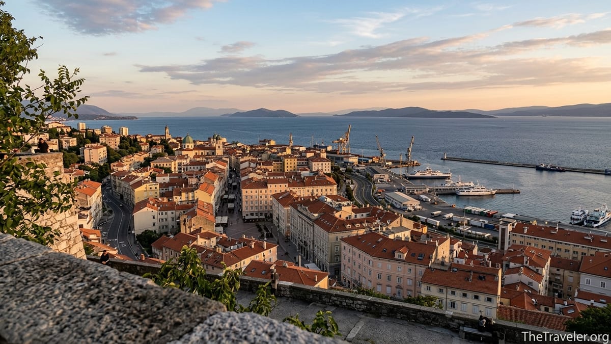 Golden-hour view over Rijeka’s rooftops and harbor from Trsat Castle toward Kvarner Bay.