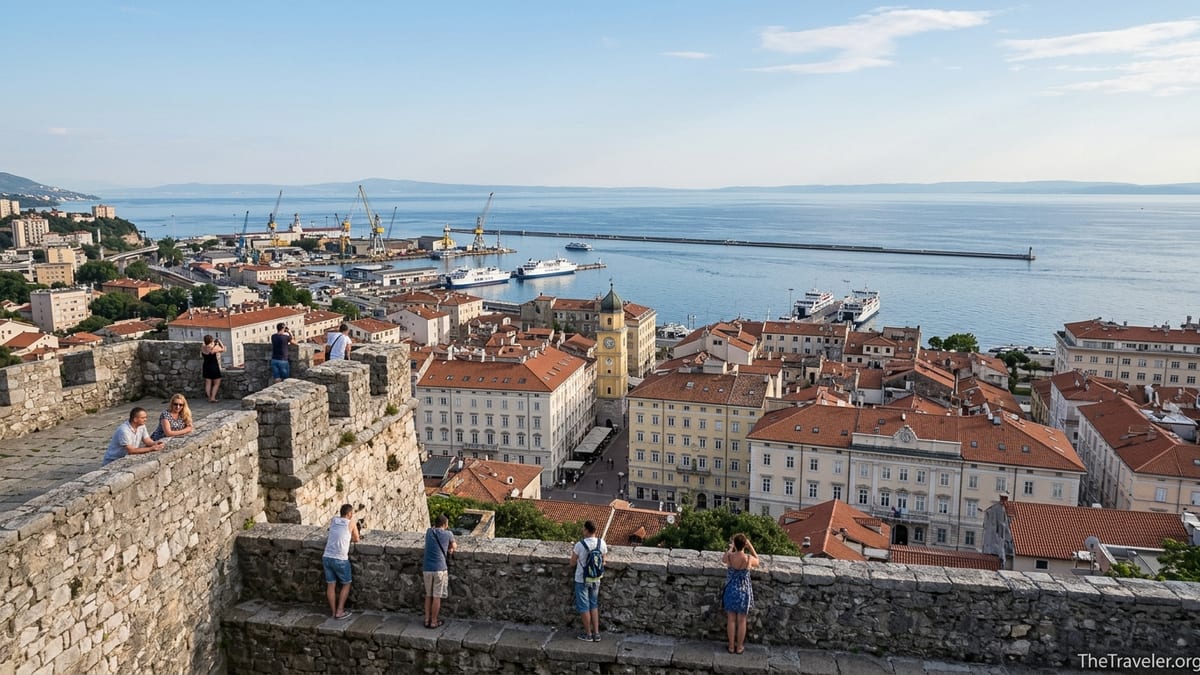 View from Trsat Castle over Rijeka’s Old Town, port and Kvarner Bay on a clear summer day.