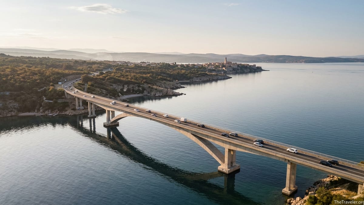 Aerial view of Krk Bridge linking Rijeka to Krk Island over the Adriatic Sea at sunset.