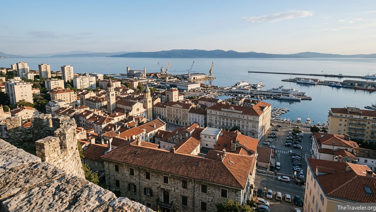 Aerial view of Rijeka, Croatia, showing the city center, port, and Kvarner Bay from Trsat Castle.