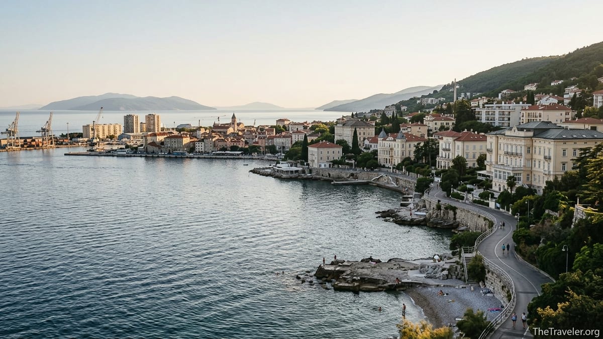 View over Rijeka and Opatija on Kvarner Bay at sunset, showing city port and elegant resort coast.