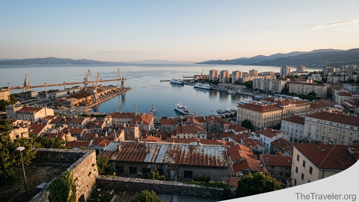 Aerial view of Rijeka’s port, old town roofs and Kvarner Bay at golden hour.