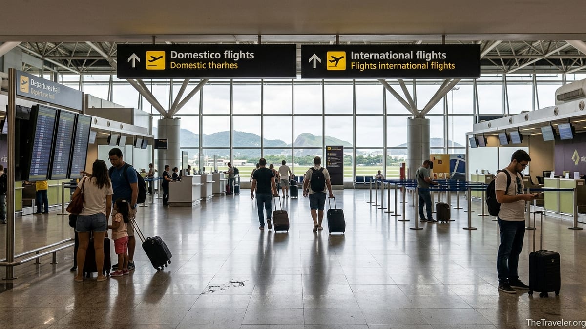Passengers walking through Rio de Janeiro Galeão Terminal 2 departures hall with overhead signs for domestic andinternational