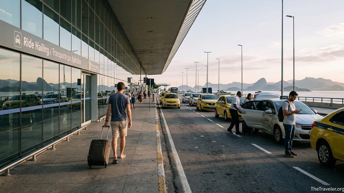 Traveler with suitcase walking to taxi and rideshare pickup outside Rio Galeão Airport at sunrise.