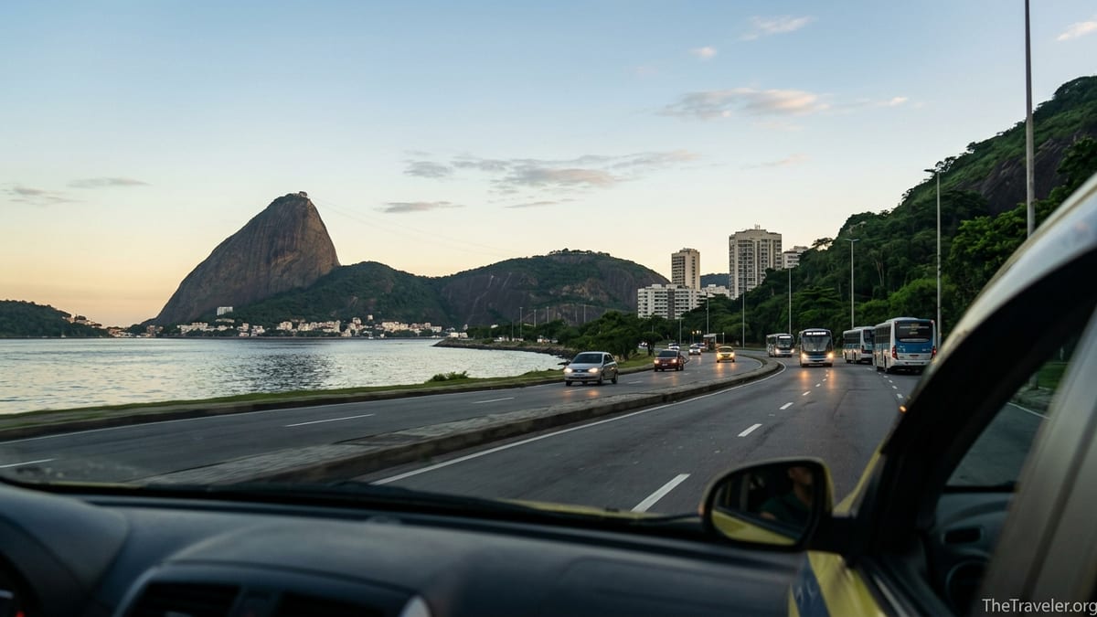 View from a taxi approaching Rio de Janeiro’s beaches from the airport at dawn.