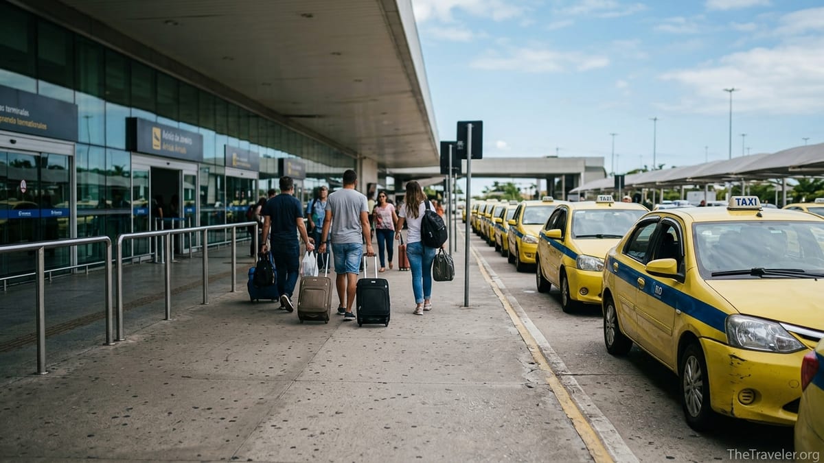 Official yellow taxis lined up outside Rio de Janeiro Galeão Airport arrivals area.
