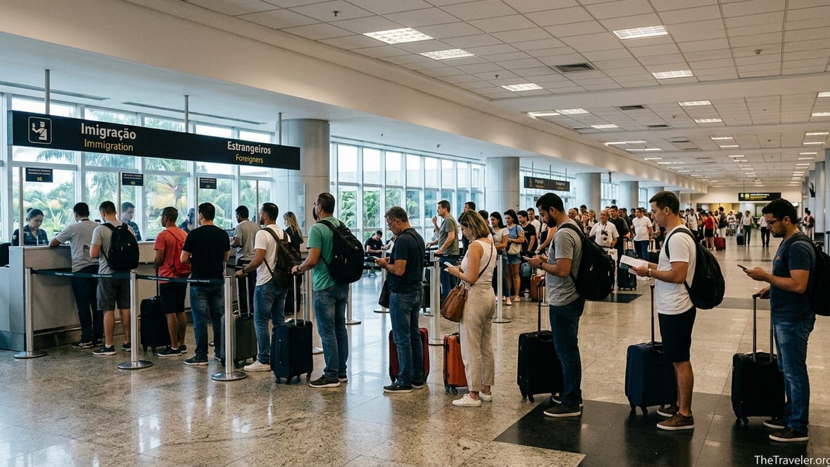 Passengers queue at immigration in Rio de Janeiro Galeão Airport international arrivals hall.