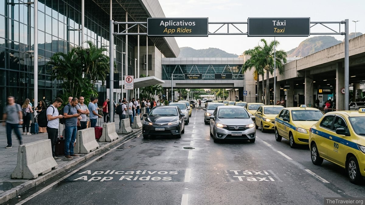 Travelers waiting with luggage at Uber pickup area outside Rio Galeão Airport.