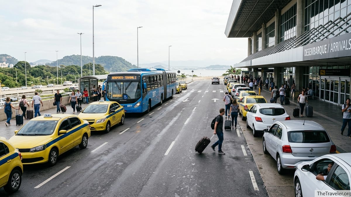 Arrivals area at Rio’s Galeão Airport with taxis, BRT bus and travelers with luggage.