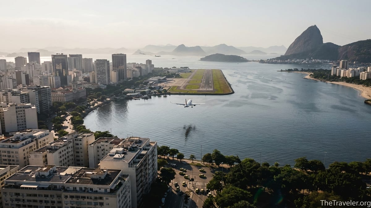 A jet approaches Santos Dumont Airport over Guanabara Bay with Rio’s skyline and Sugarloaf Mountain in the background.
