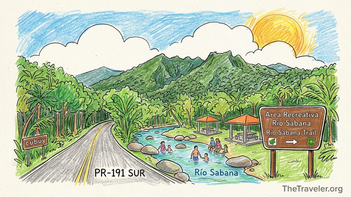 Quiet Río Sabana river and trail access on El Yunque’s south side from Naguabo