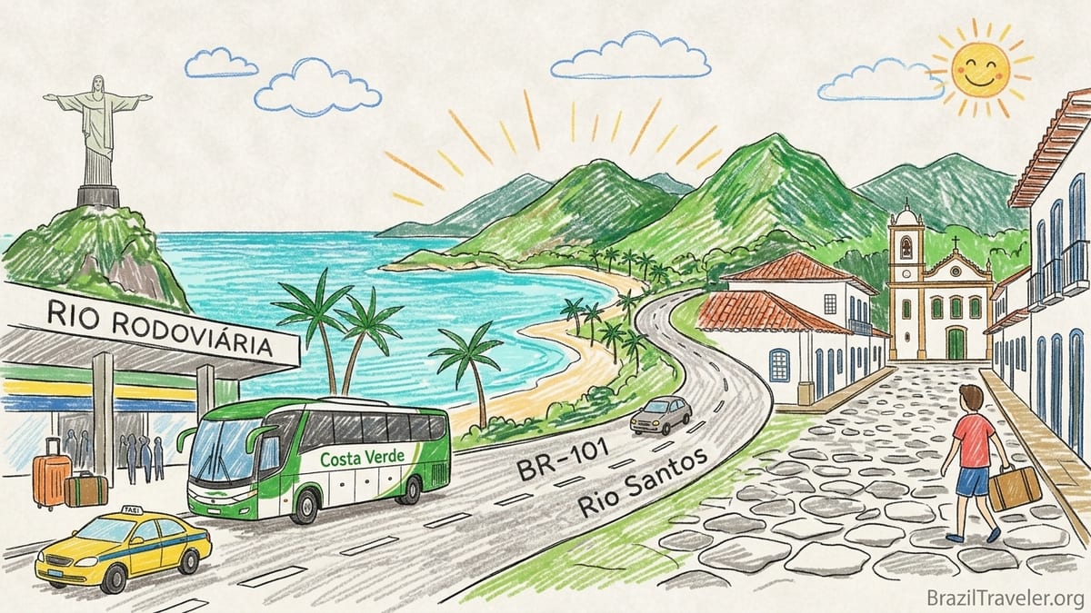 Bus on Brazil’s Costa Verde road between Rio de Janeiro and Paraty with sea and forested hills.