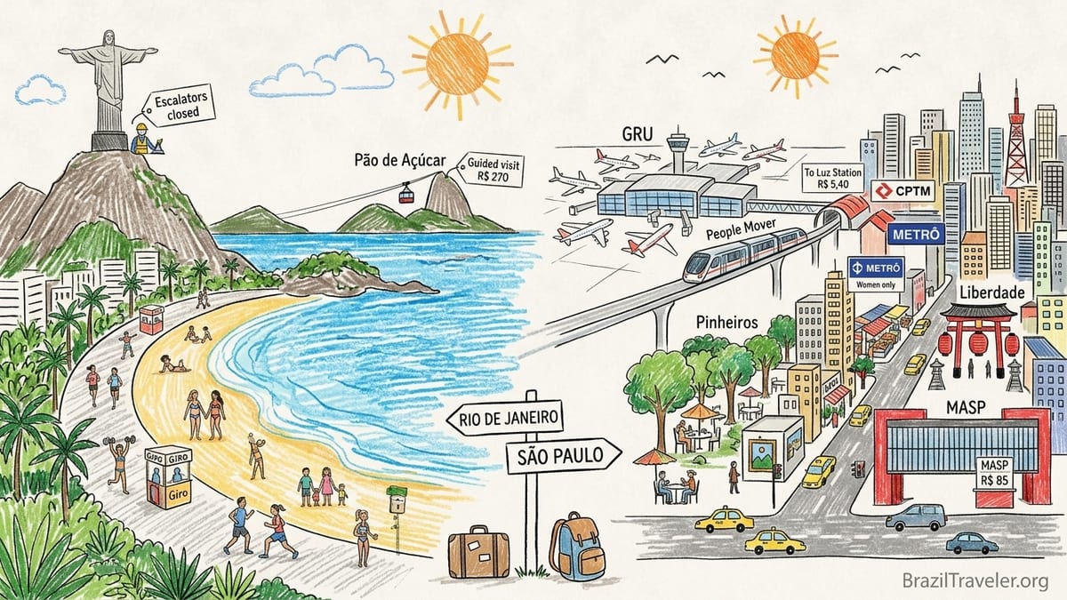 Rio vs São Paulo comparison: Ipanema beach scene beside Avenida Paulista skyline and MASP in São Paulo.