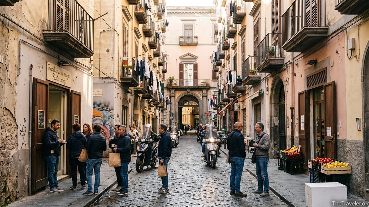 Crowded street in Rione Sanità, Naples, with locals outside a pastry shop and pastel buildings overhead.