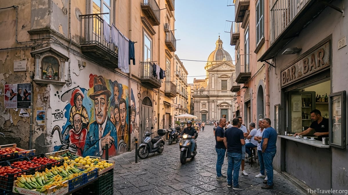 Evening street scene in Rione Sanità with murals, market stall and locals near a baroque church dome.