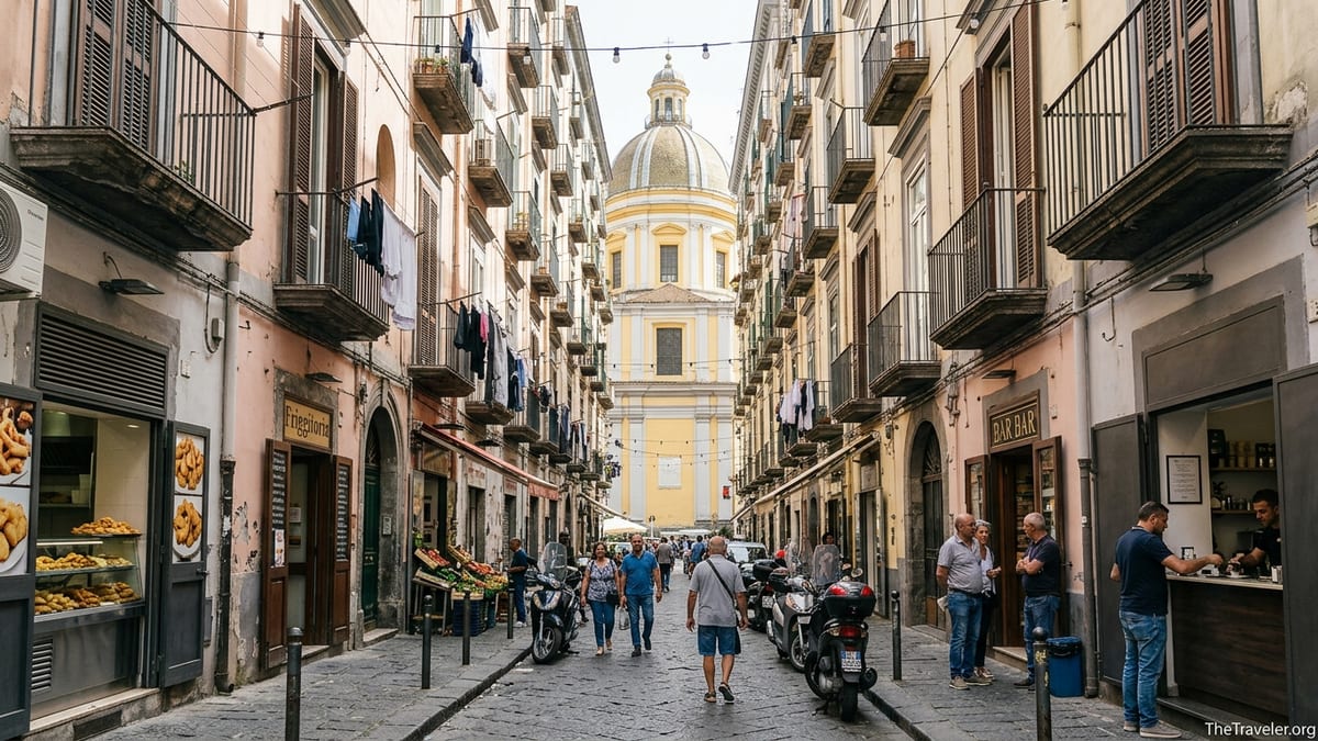Street in Rione Sanità with locals, market stalls and the basilica dome in Naples.