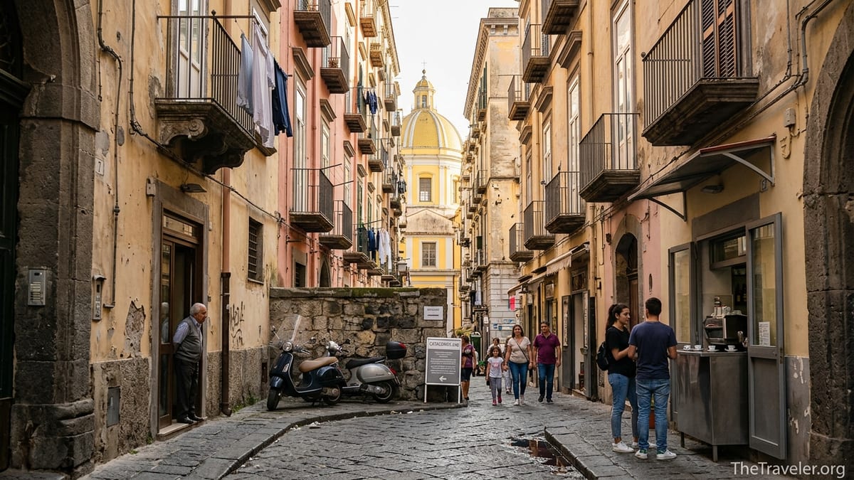 Lively street in Naples’ Rione Sanità with laundry, scooters, and the yellow dome of a church in the background.