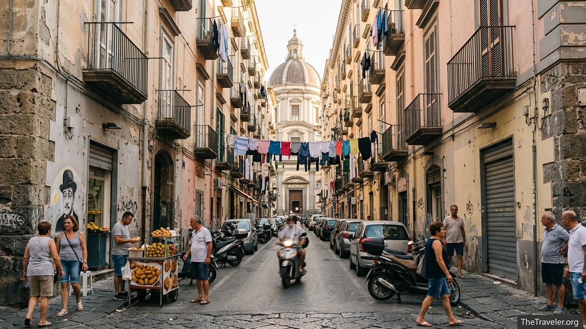Busy street in Rione Sanità, Naples, with laundry overhead, scooters and a baroque church dome in the distance.