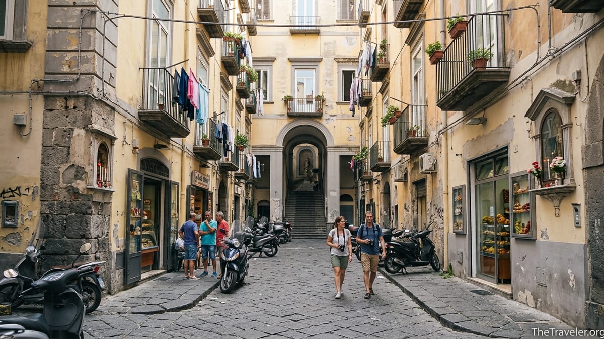 Street in Rione Sanità, Naples, with old palaces, laundry, scooters and locals near Palazzo dello Spagnolo.
