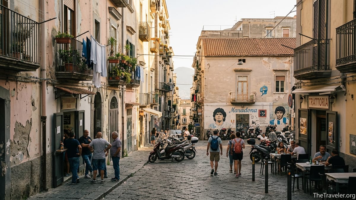 Evening street scene in Naples showing lively Spanish Quarter and quieter Rione Sanità lane.