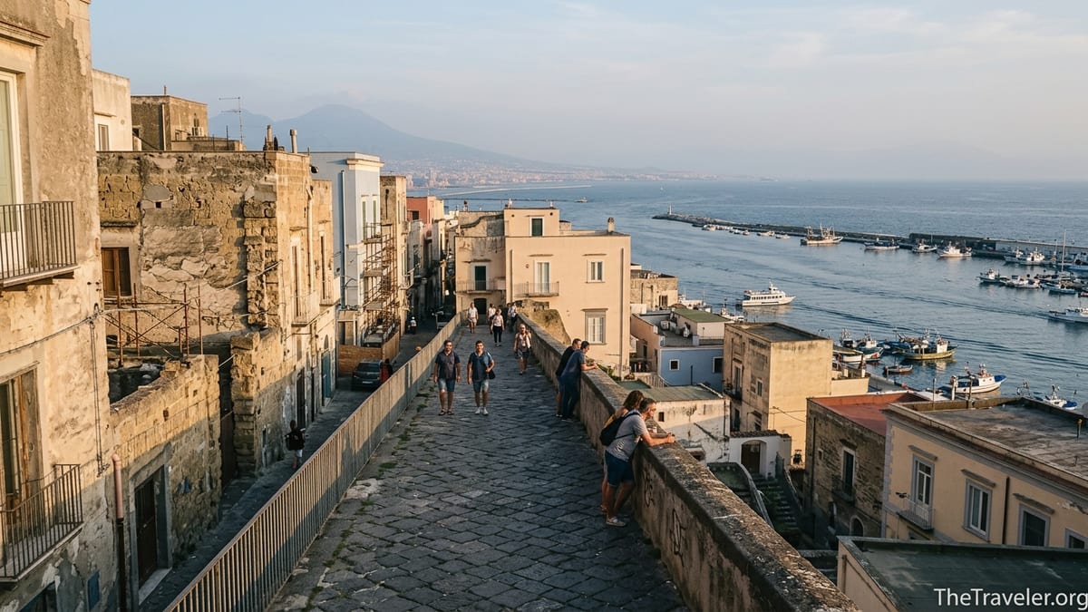 View from Rione Terra over Pozzuoli’s historic houses and bay at sunset.