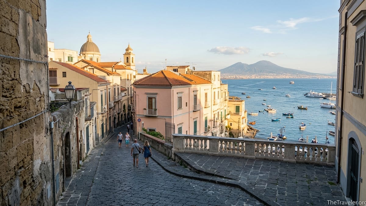 View from Rione Terra in Pozzuoli over pastel houses toward the Bay of Pozzuoli at sunset.
