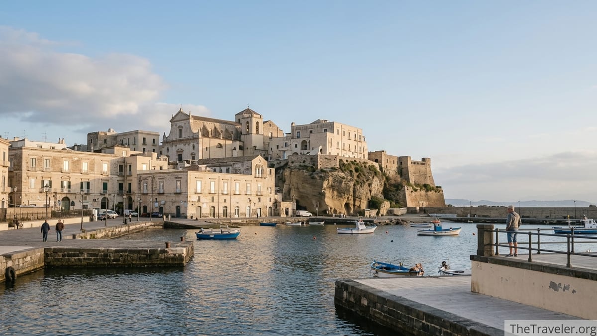 Rione Terra in Pozzuoli rising above the harbor, seen from the waterfront at sunset.
