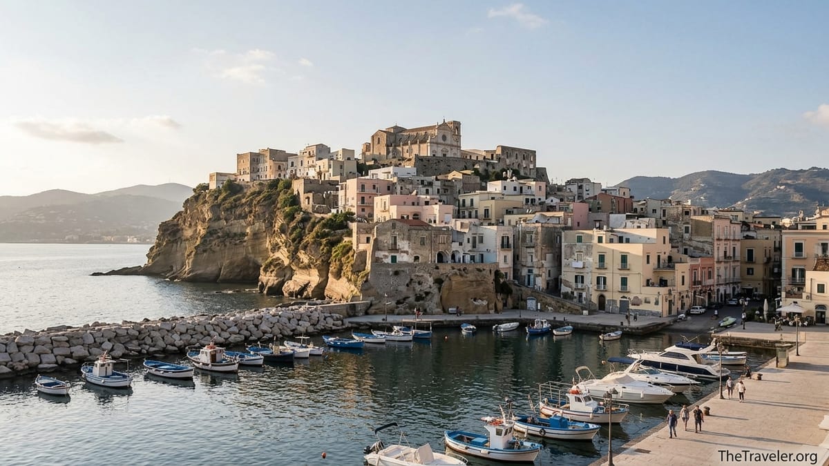 Rione Terra acropolis above the harbor in Pozzuoli at sunset with fishing boats in the foreground.