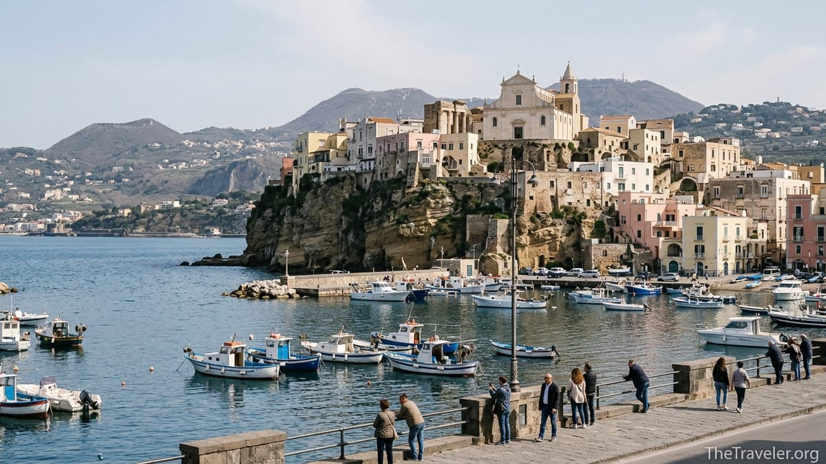 Rione Terra acropolis above the harbor of Pozzuoli on a clear day, seen from the waterfront promenade.