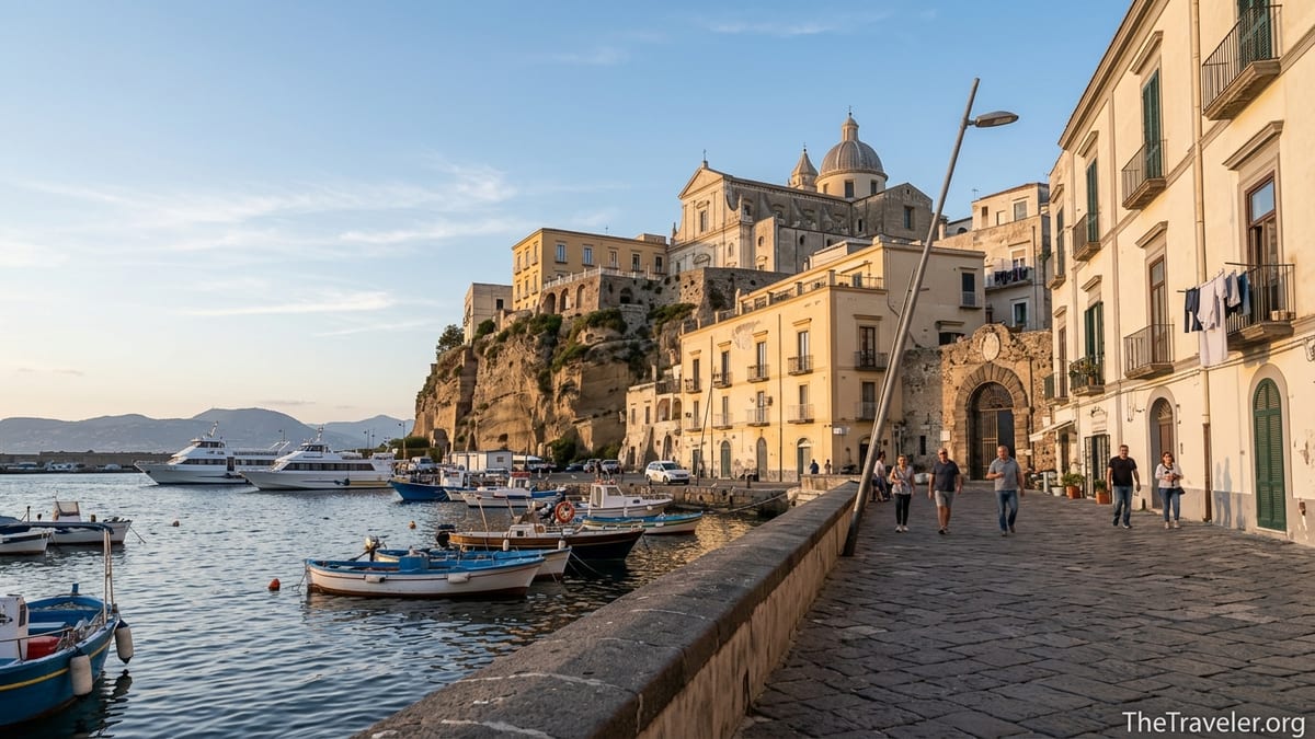 Rione Terra headland above the harbor in Pozzuoli at sunset, seen from the waterfront promenade.