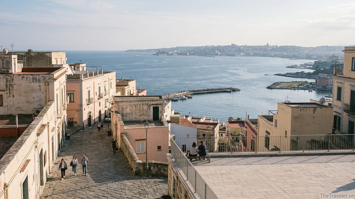 View from Rione Terra terrace over Pozzuoli harbor toward Naples historic center.