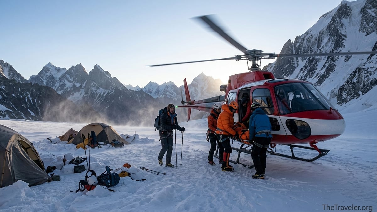 Rescue helicopter evacuating an injured climber from a remote high-altitude mountain camp.