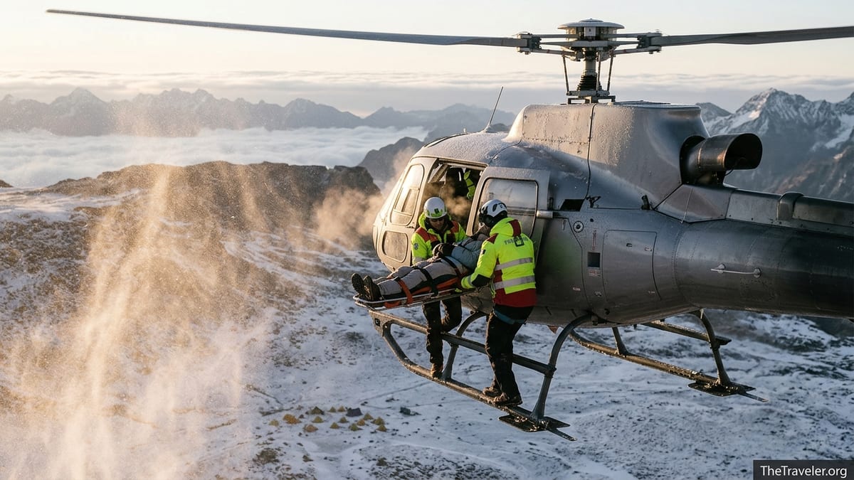 Rescue helicopter crew loading an injured traveler in a stretcher above remote snowy mountains at sunrise.