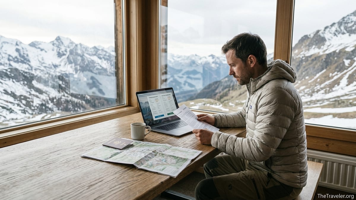 Traveler in a mountain lodge comparing travel insurance documents on a laptop.