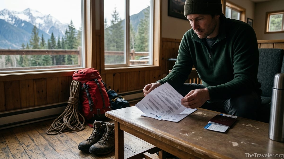 Traveler reviewing Ripcord travel insurance papers in a mountain lodge before an expedition.