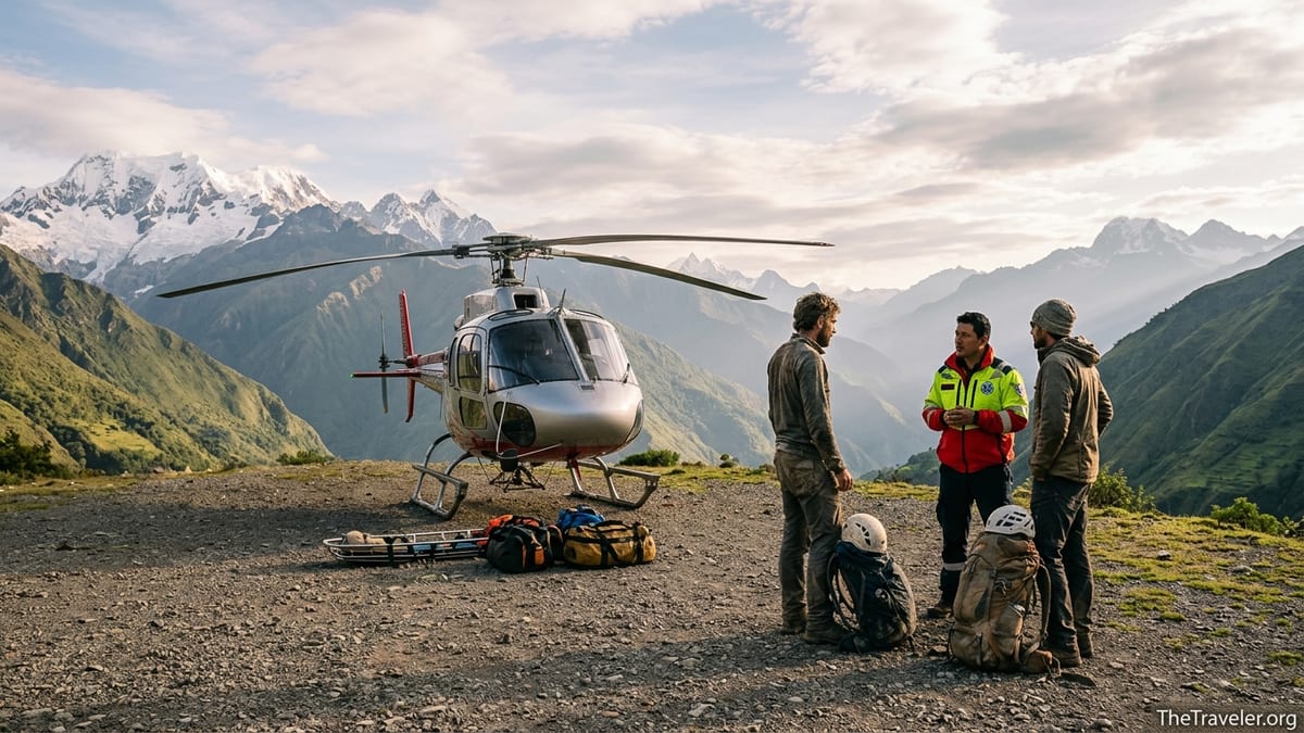 Helicopter and rescue team assisting trekkers on a remote mountain airstrip at sunset.