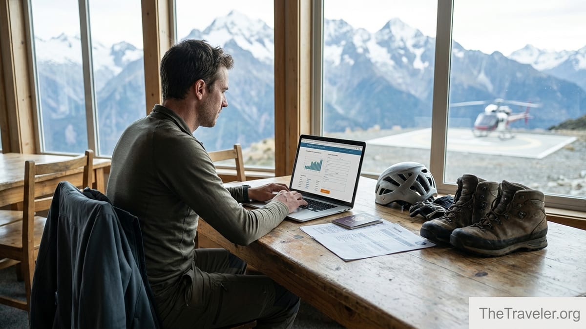 Traveler comparing Ripcord style adventure travel insurance on a laptop in a mountain lodge.