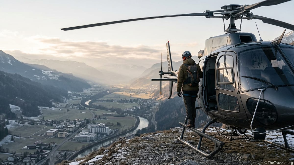 Helicopter on a mountain ridge with a traveler looking down at a distant valley town.