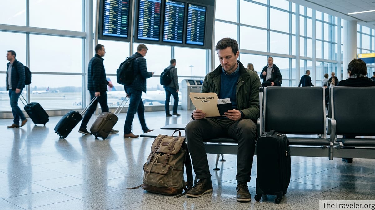 Traveler at an airport comparing Ripcord travel insurance and Medjet membership documents.