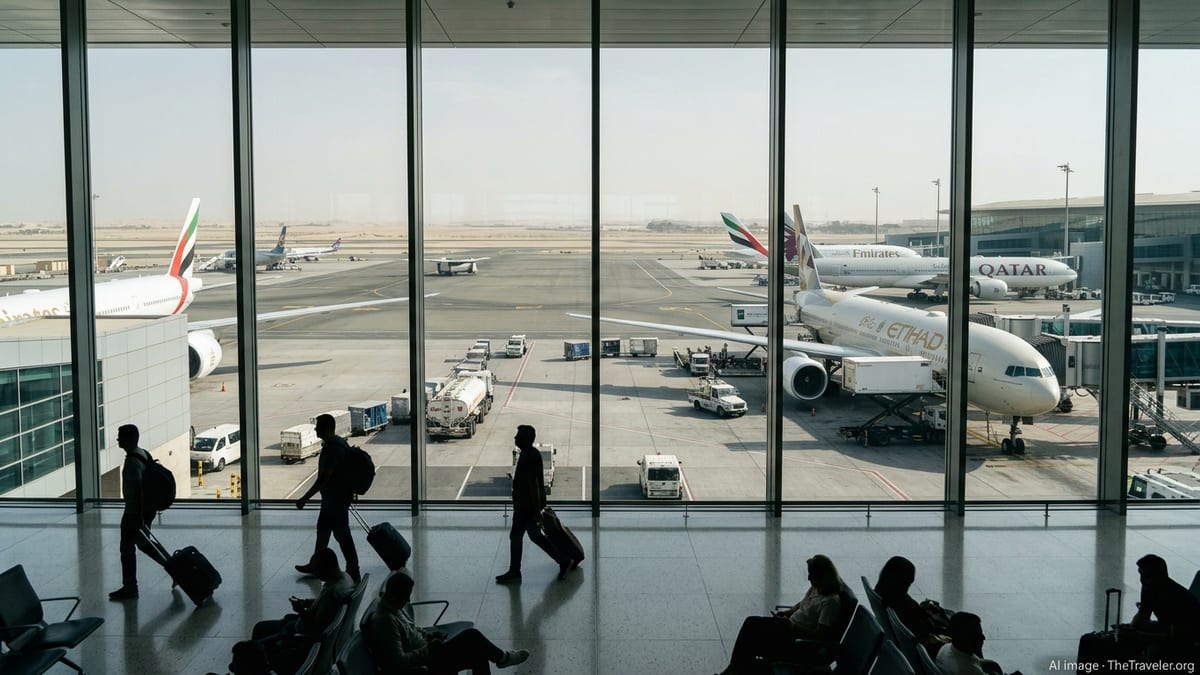 Airport ramp at a Gulf-region hub with refueling jets seen through a busy terminal window.