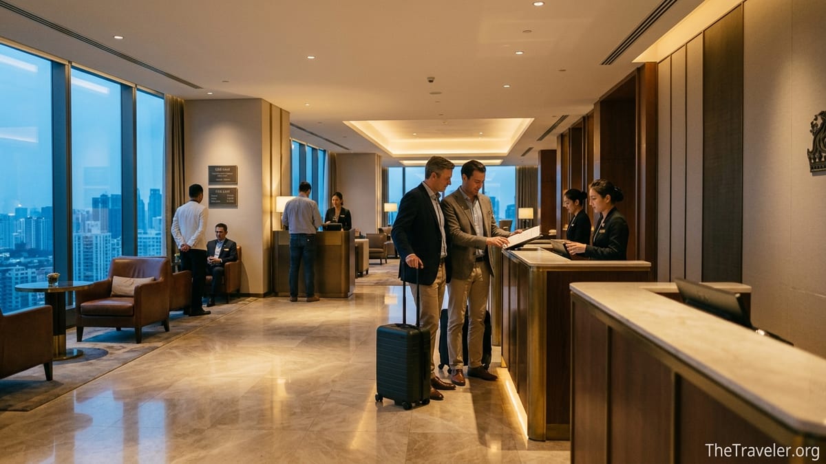 Travelers checking in at a Ritz-Carlton lobby discussing booking details with staff