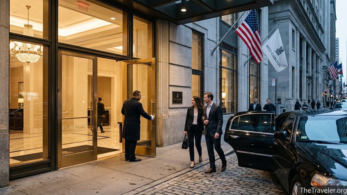 Evening arrival at a Ritz-Carlton entrance with doorman welcoming guests from a car
