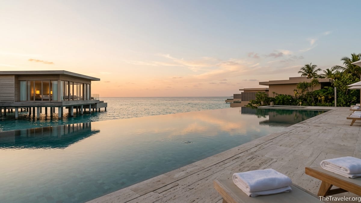 Oceanfront infinity pool at a luxury resort overlooking calm sea at sunset.